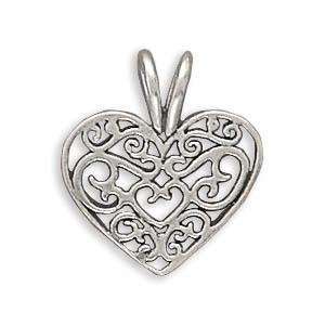 Heart Necklace Filigree Sterling Silver Pendant Childs Teens, 16 inch