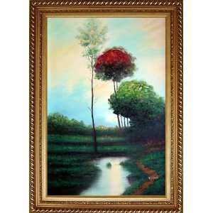 Tree and Creek Modern Oil Painting, with Exquisite Dark Gold Wood 