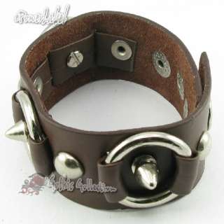 H305 Steel Ring and Stud Gothic Bracelet Brown Leather Men/Women 