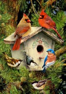 Spring Pine Tree Gathering birdhouse Cardinals, Bluebird, Chickadee SM 