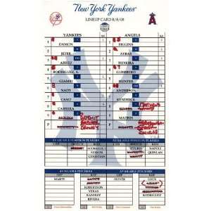  Yankees at Angels 8 08 2008 Game Used Lineup Card 