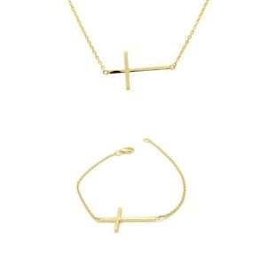 apop nyc 14 Gold Vermeil Sideways Cross Necklace 16in & Bracelet 7in 