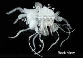 Bridal White Feather Rose Handmade Hair Comb T1364  