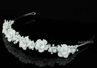 Bridal Handmade Ivory Fabric Crystal Flower Headband Tiara T1435 