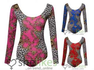 Womens Long Sleeve Bodysuit Ladies Flower Animal Leopard Print Leotard 