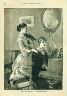 LADIES PLAYING VIOLIN PIANO MUSIC ANTIQUE PRINT 1883  