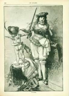 CUPID WITH BOW AND ARROW LADY ANTIQUE PRINT 1889  