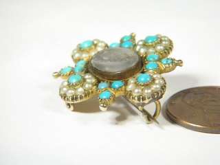 ANTIQUE ENGLISH 15K GOLD TURQUOISE PEARL LOCKET BROOCH  