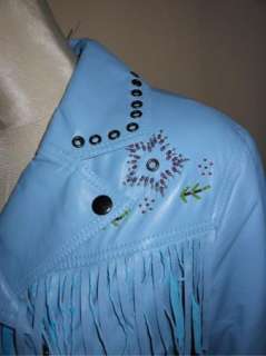 NWT Double D Ranch Beaded Fringed Western Leather Jacket Lt Blue XL $ 