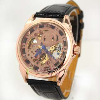NEW Rose Gold Skeleton Rome Automatic Mechanical Black Leather Watch 
