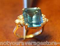 14K Yellow Gold Blue Topaz & Diamond Ring 6.6 TCW   Estate Quality 