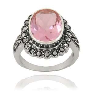  Sterling Silver Marcasite and Pink Glass Oval Ring, Size 8 