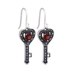  Sterling Silver Marcasite and Garnet Heart Key Earrings Jewelry