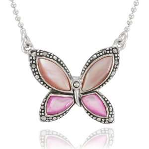   Sterling Silver Marcasite and Shell Butterfly Necklace, 17 Jewelry