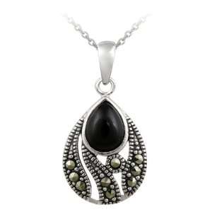  Sterling Silver Onyx & Marcasite Teardrop Pendant Jewelry