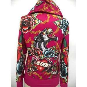 TATTOO TRIBAL WOMENS PANTHER AND ROSES RHINESTONE HOODIE NWT ZIP Size 