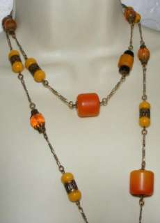 SADIE GREEN faux amber lucite & glass Bead NECKLACE Long costume 