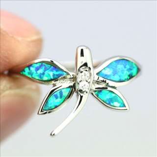 A23 C Dragonfly Charm Blue Fire Opal Gemstone Sterling Silver Ring #7 