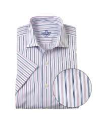 Savile Row Mens Pink Navy White Stripe Short Sleeve Fitted Dress Shirt