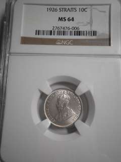 Straits Settlements 1926, 10 Cents, KM 29b, NGC MS64  