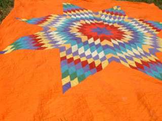 Vintage Quilt   1940s   Lone Star   Orange and Bright Colors   Worn 