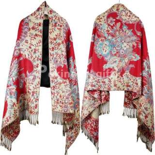   Red Pashmina Cashmere Scarf BlueFive Golden Flowers Thick Wrap Shawl