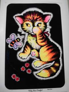 Vintage Blacklight Velvet flocked 70s Poster Kitty Cat  