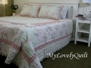 Ashwell Pale Pink Green Hand Quilted Ruffle Patchwork BEDSPREAD Quilt 