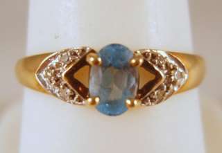 Vintage 9K 375 Yellow Gold Blue Topaz + Diamond Ring 1.7G Size 8 No 