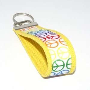  White Rainbow Pride Peace Signs 5   Yellow   Keychain 