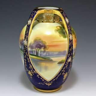   Moriage Enamel 4 Handle Landscape Japanese Vase   Nippon Mark #47