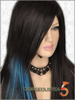 GW172 Black Mixed Blue Punk Straight Long Gothic Wig  