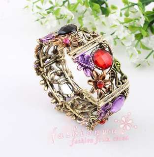 Old Bronze Plated Flower Round Faceted Rhinestone Bracelet  