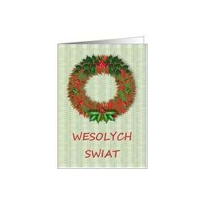 Wesolych Swiat Christmas Wreath Holly Berries Card