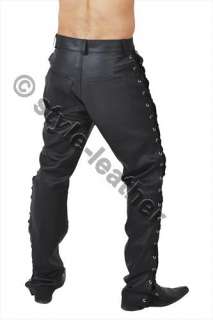 Pure Leather Side Laced Mens Jeans Breeches Biker BLUF  