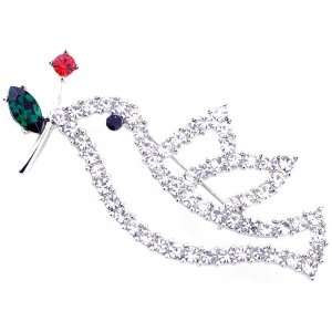  Silver Dove With Red Rose Austrian Crystal Bird Pin Brooch 