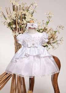 Infant Girls White Satin Dress Matching Headband Wedding Baptism 