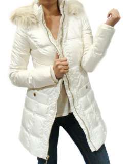  JUICY COUTURE WHITE FAUX FUR HOOD SHIMMER PUFFER DOWN LONG COAT JACKET