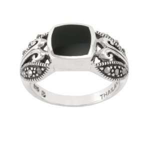  Sterling Silver Marcasite Onyx Band Ring, Size 9 Jewelry