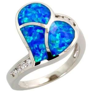 Sterling Silver, Synthetic Opal Inlay Heart Ring, w/ Brilliant Cut CZ 