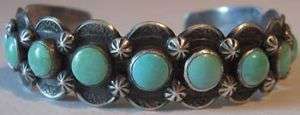 WEIGHTY VINTAGE INDIAN STERLING SILVER TURQUOISE ROW CUFF BRACELET 