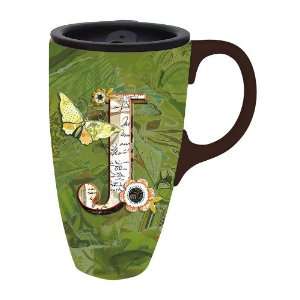 Boxed Ceramic Latte Travel Mug 17oz, Monogram Garden J  
