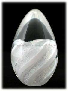 Glass Eye Studio GES Snow White Sparkling Spiral Egg Paperweight 
