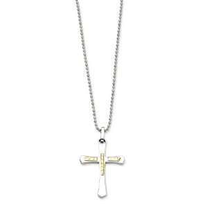 Stainless Steel 14k Gold Diamond Cut Cross Pendant Necklace   22 Inch 