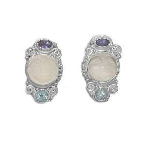   Moonstone Face, Iolite and Aquamarine Post Earrings By Sajen Jewelry