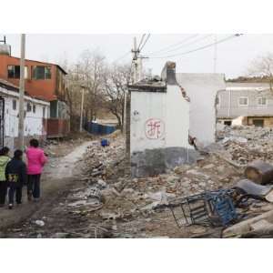  Girls Walking in Hutong Neighbourhood Partially Destroyed 