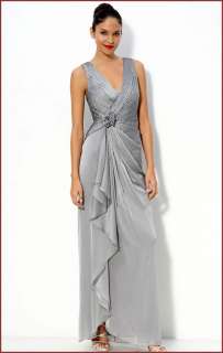 Adrianna Papell Silver Beaded Chiffon Rosette Evening Gown 8  