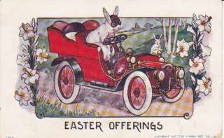 Easter Bunny Driving Egg car old 1900s Ullman Co Easter Ser no 80 