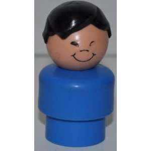 Vintage Little People Boy (Black Hair & Blue Plastic Base) (Peg Style 