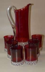 EAPG Ripley Glass Ruby Pitcher with 6 Tumblers Pavonia  